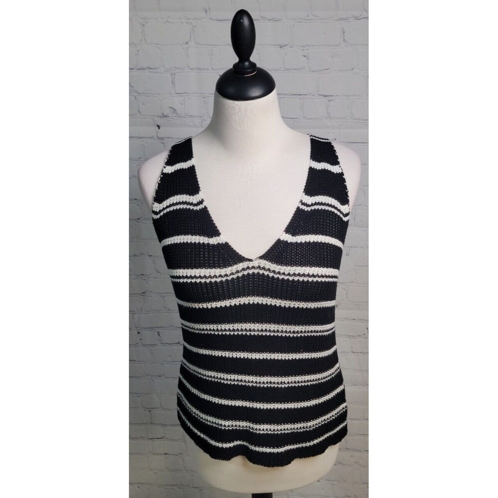 Newbury Kustom Sleeveless Crocheted Knit Tank Top Black & White size Lg V Neck